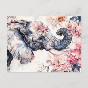 Aquarell Illustration eines Elefanten mit Blumen Postcard