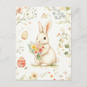Aquarell Oster Postkarte mit Osterhase und Blumen Postcard