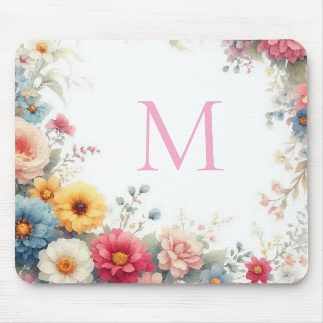 Aquarell Watercolor Floral Template Monogrammed Mouse Pad (Front)