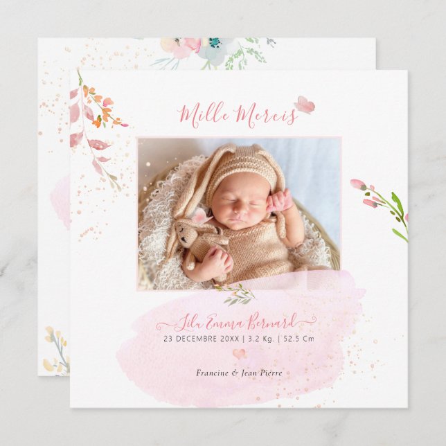 Aquarelle Fleurs Remerciement Naissance Fille Invitation (Front/Back)