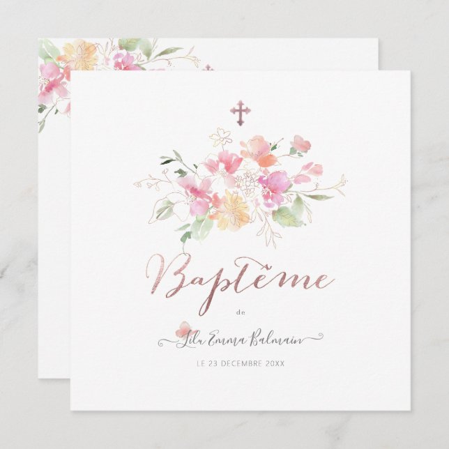 Aquarelle Fluers de Pois Faire-part de Baptême Invitation (Front/Back)