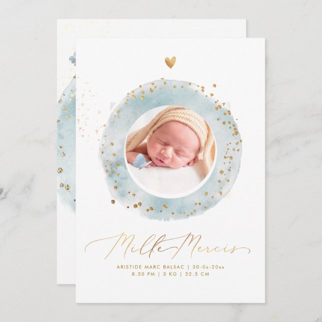 Aquarelle Remerciement Naissance Fille Invitation (Front/Back)