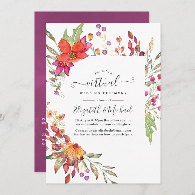 Aquarelle Wild Flower Online Virtual Wedding Invitation (Front/Back)