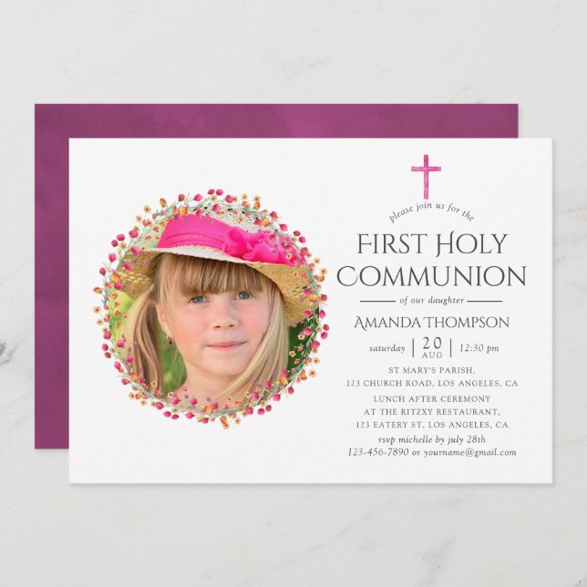 Aquarelle Wildflower First Holy Communion Invitation (Front/Back)