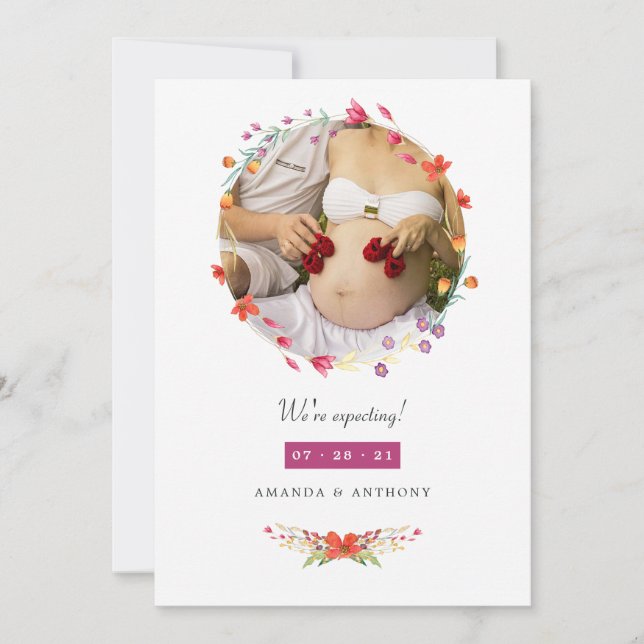 Aquarelle Wildflower Photo Pregnancy Announcement (Front)