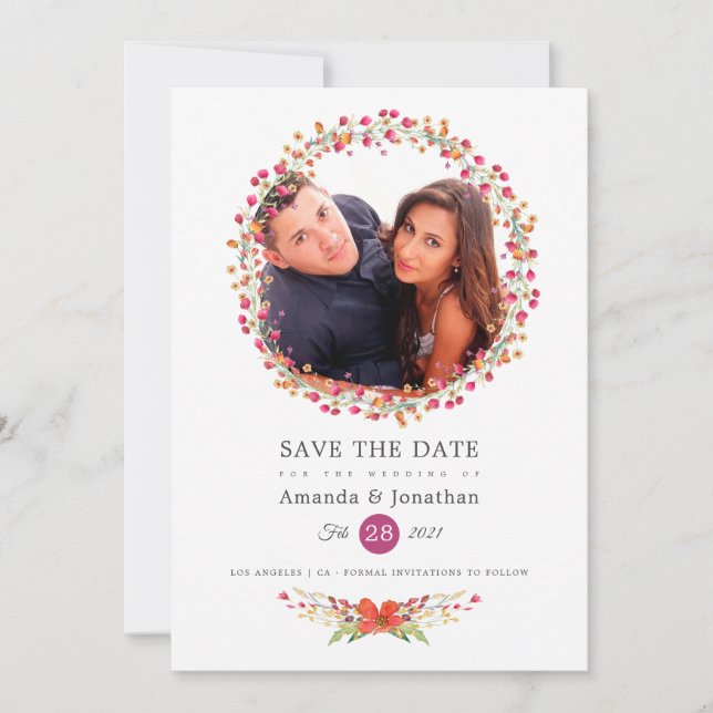 Aquarelle Wildflower Photo Spring Wedding Save The Date (Front)
