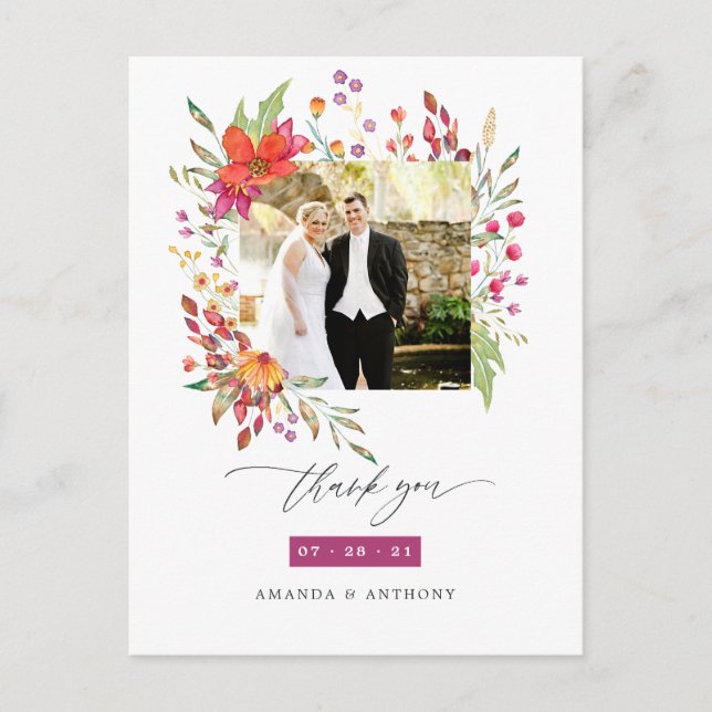 Aquarelle Wildflower Wedding Photo Thank You Postcard (Front)