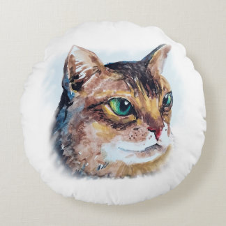 Aquarellporträt einer Katze  Round Cushion