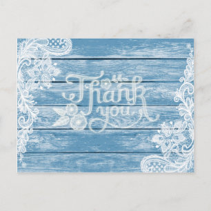 Aquarium-Blue Wood and Lace Wedding Thank You Postcard