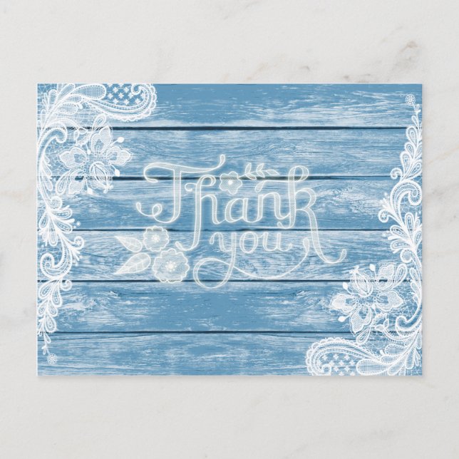 Aquarium-Blue Wood and Lace Wedding Thank You Postcard (Front)