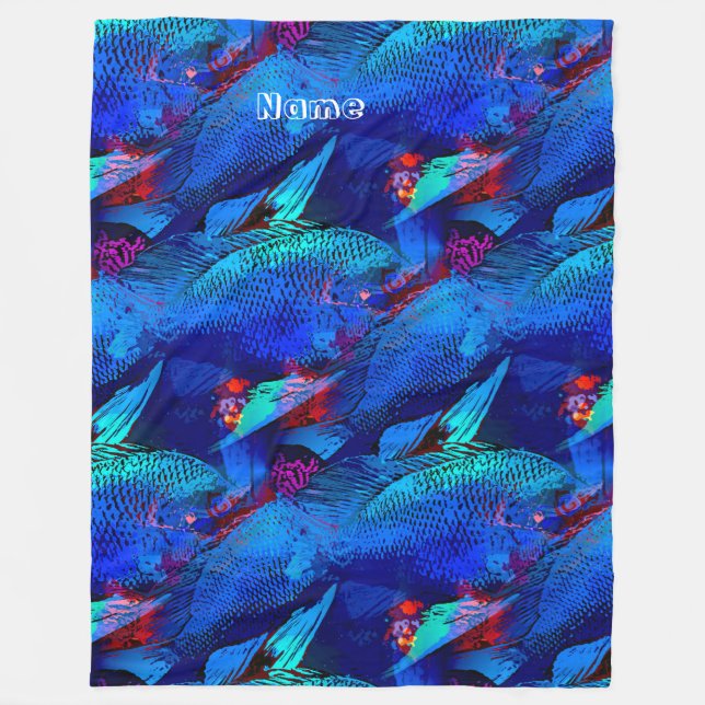 Aquarium Fish Playful Pattern in Aqua Vivid Blue Fleece Blanket (Front)