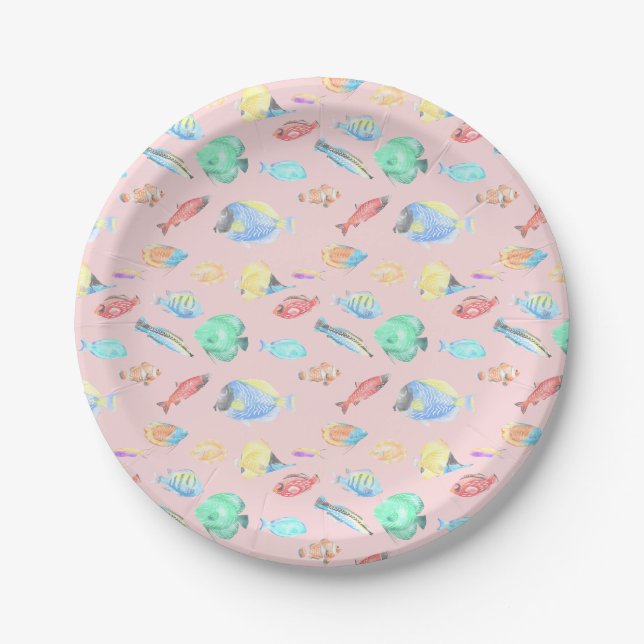 Aquarium - water colour fish pattern - light pink paper plate (Front)