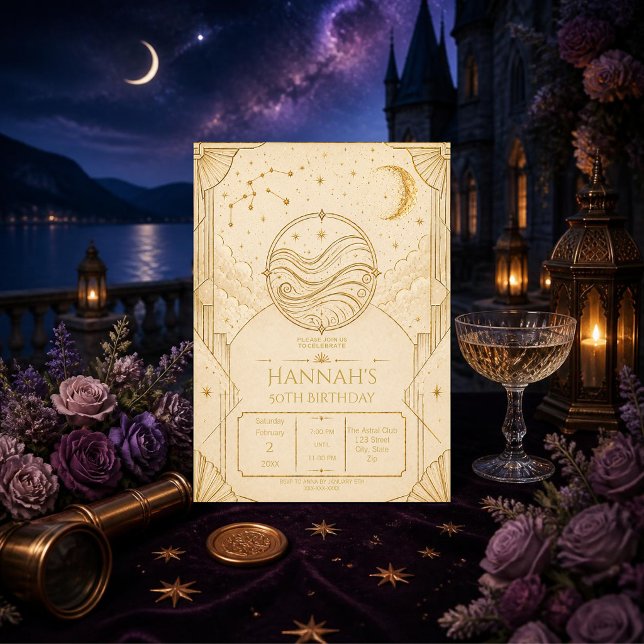 Aquarius 50th Birthday Invitation Gold Cream (Celebrate 50 in style with an elegant Aquarius invitation featuring luxurious gold celestial artwork)