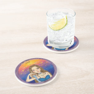 Aquarius Astrology Girl in Blue Starry Sky Coaster