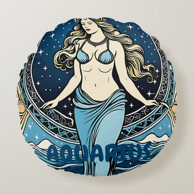 Aquarius Astrology Sign Round Cushion (Front)