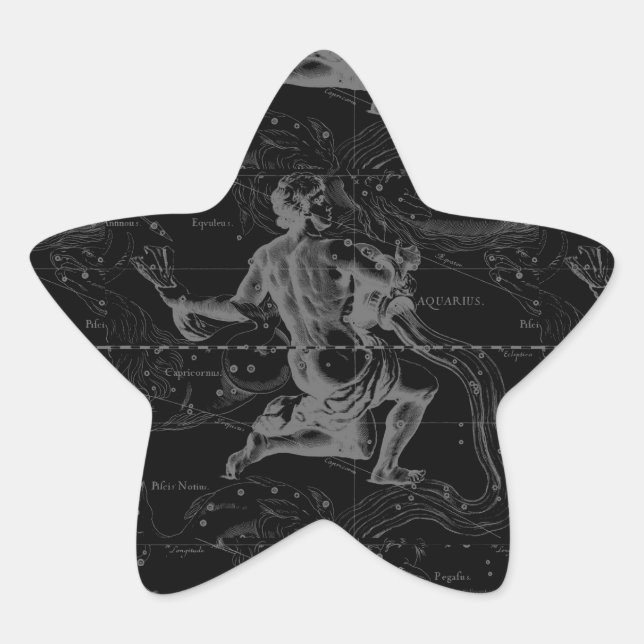 Aquarius Constellation Hevelius 1690 on Black Star Sticker (Front)