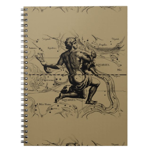 Aquarius Constellation Map Hevelius 1690 on Taupe Spiral Notebook (Front)