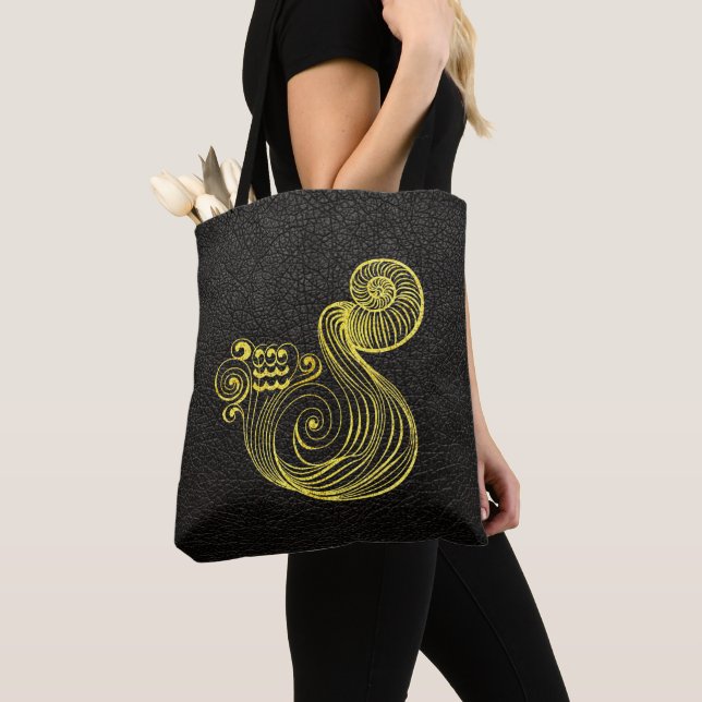 Aquarius Gold on Leather Tote Bag (Close Up)