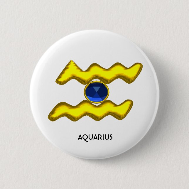 AQUARIUS /GOLD ZODIAC BIRTHDAY JEWEL 6 CM ROUND BADGE (Front)