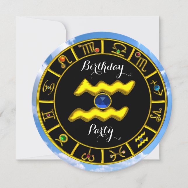 AQUARIUS.GOLD ZODIAC BIRTHDAY SIGN,ASTROLOGY CHART INVITATION (Front)