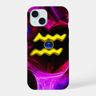 AQUARIUS GOLD ZODIAC SIGN Blue Purple Fractals iPhone 15 Case