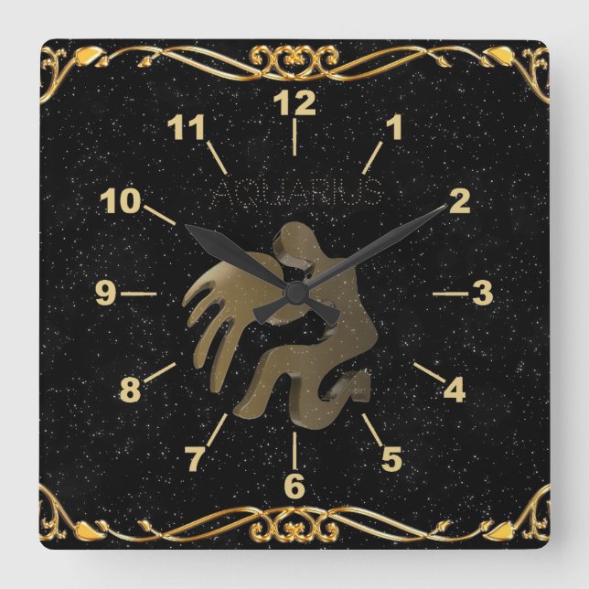 Aquarius golden sign square wall clock (Front)