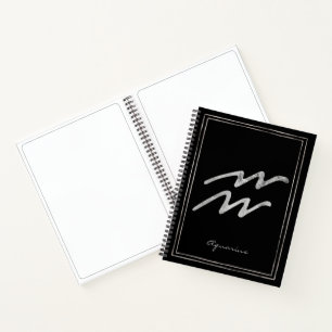 Aquarius hammered silver stylised astrology symbol notebook
