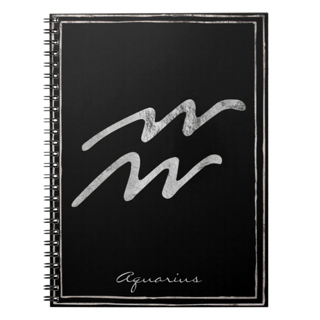 Aquarius hammered silver stylised astrology symbol notebook (Front)