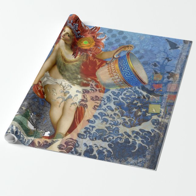 Aquarius Mermaid Gothic Blue Art Wrapping Paper (Unrolled)