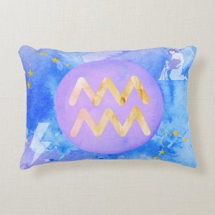 Aquarius Purple Blue Watercolour Astrology Zodiac Decorative Cushion