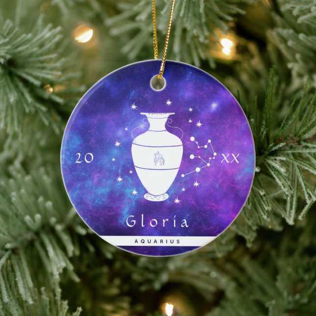 Aquarius Purple Cosmic Galaxy Zodiac Sign Name  Ceramic Tree Decoration (Tree)