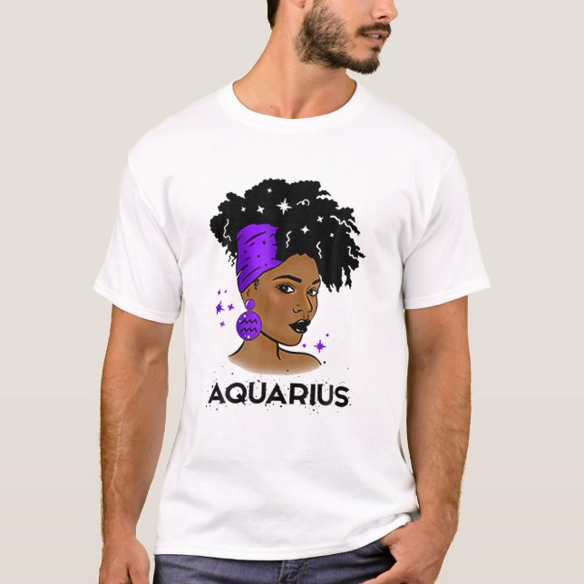 Aquarius Queen Afro Melanin Girl Birthday Gift Bla T-Shirt (Front)