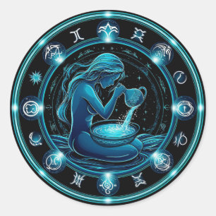 Aquarius Sign Beautiful Digital Illustration Classic Round Sticker