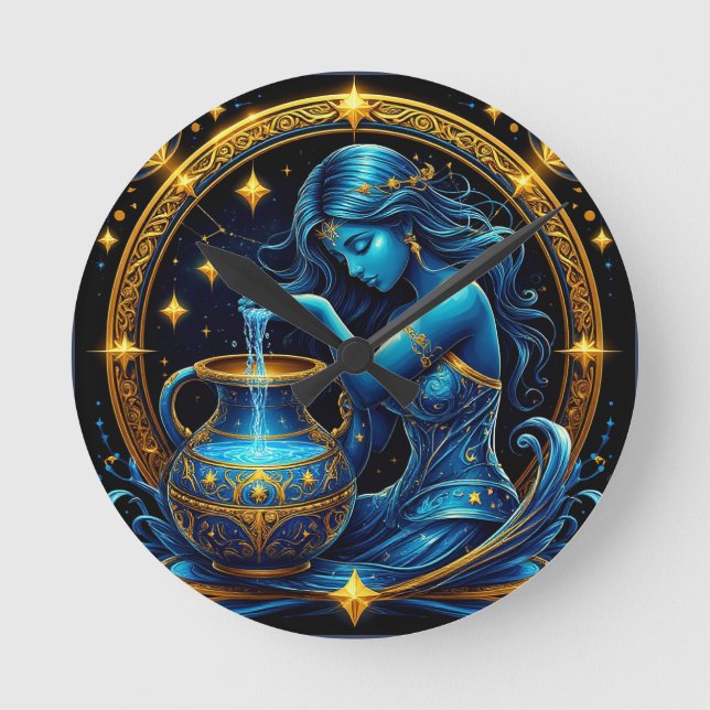 Aquarius Sign Beautiful Digital Illustration Round Clock (Front)