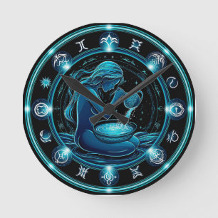 Aquarius Sign Beautiful Digital Illustration Round Clock