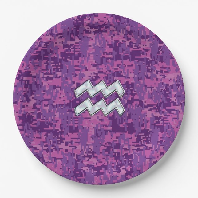 Aquarius Sign on fuchsia pink digital camo Paper Plate (Front)