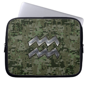 Aquarius Sign on olive green digital camo Laptop Sleeve