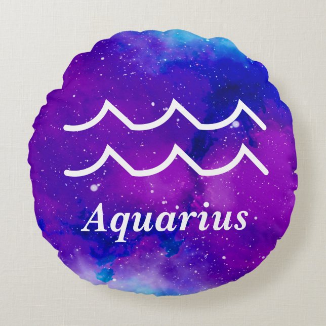 Aquarius Symbol Purple Blue Space Nebula Round Cushion (Front)