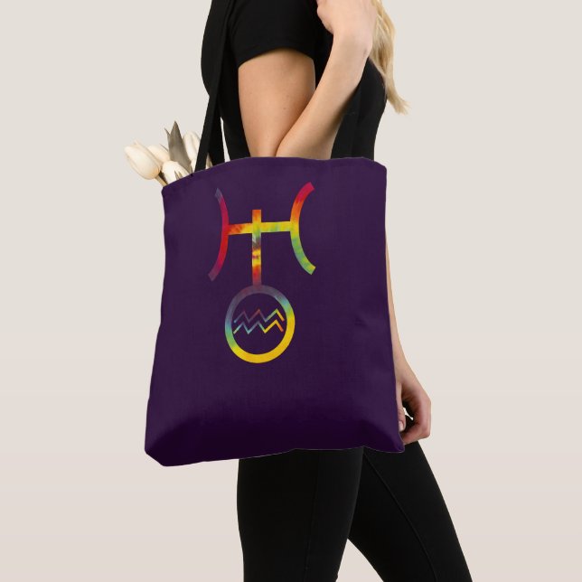 Aquarius Uranus Planetary Symbol Tie Dye Tote Bag (Close Up)