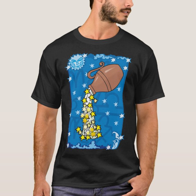 Aquarius Vase pouring water stars in the night sky T-Shirt (Front)