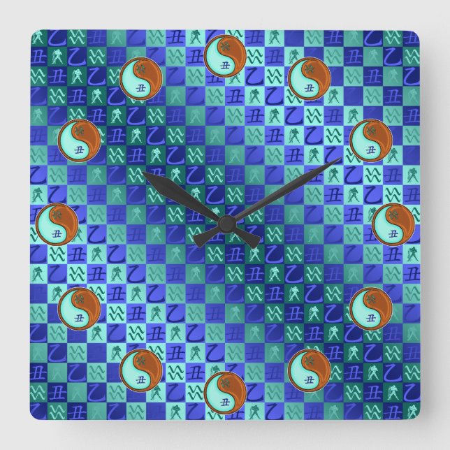 Aquarius & Wood Ox Square Wall Clock (Front)