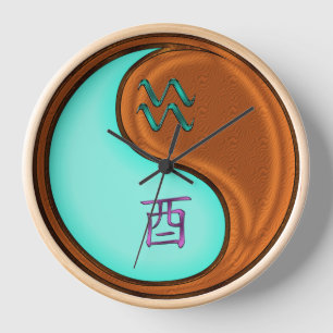 Aquarius & Wood Rooster Keychain Clock