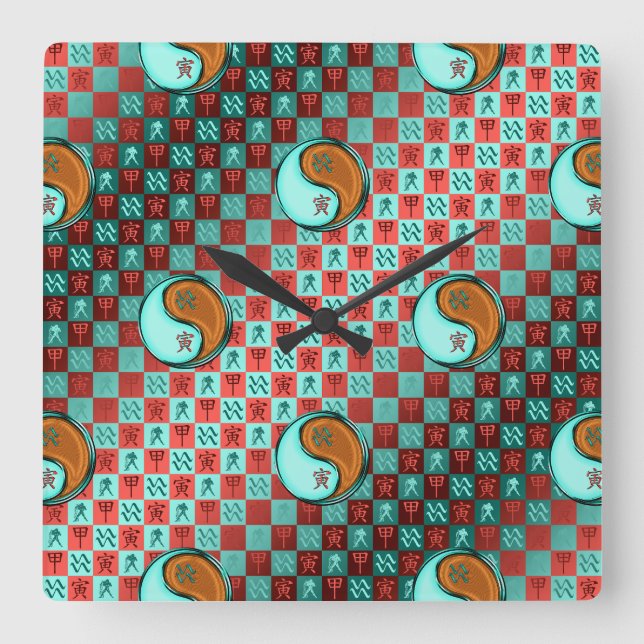 Aquarius & Wood Tiger Square Wall Clock (Front)