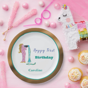 Aquarius Zodiac 1st Birthday Gold & Teal Artistic Paper Plate
