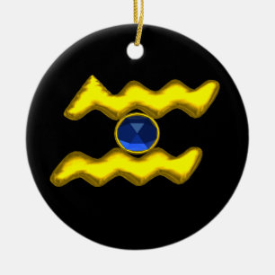 AQUARIUS ZODIAC BIRTHDAY JEWEL Blue Sapphire Gold Ceramic Tree Decoration