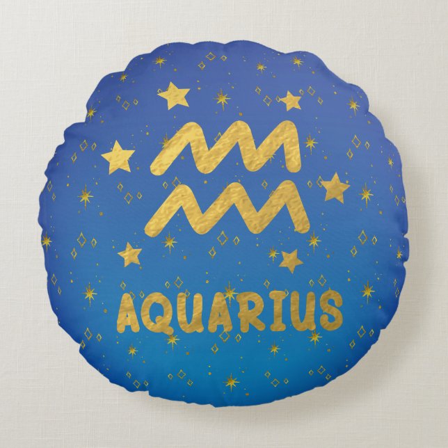 Aquarius Zodiac Blue and Gold Round Pillow (Front)