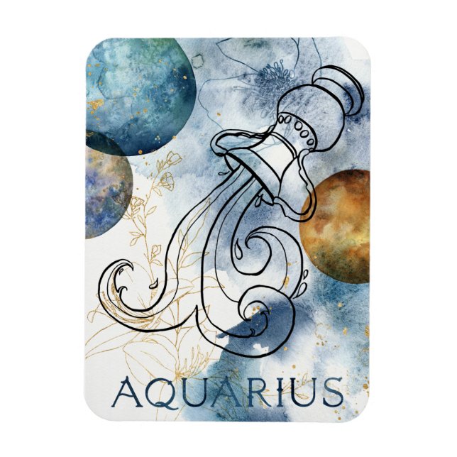 Aquarius zodiac blue black gold text planets magnet (Vertical)