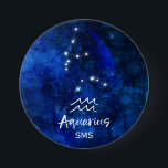 Aquarius Zodiac Constellation Blue Galaxy Monogram 7.5 Cm Round Badge<br><div class="desc">Aquarius Zodiac Constellation Blue Galaxy Monogram Design. With trendy Brushed Script Font, Dark blue celestial watercolor background texture, Glowing star constellation, and The Water Bearer symbol. Modern Astrological Sign Birth Horoscope, is perfect for any Aquarian Birthday From January 20 - February 18 ! With Optional Monogrammed First Middle and Last...</div>