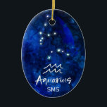 Aquarius Zodiac Constellation Blue Galaxy Monogram Ceramic Tree Decoration<br><div class="desc">Aquarius Zodiac Constellation Blue Galaxy Monogram Design. With trendy Brushed Script Font, Dark blue celestial watercolor background texture, Glowing star constellation, and The Water Bearer symbol. Modern Astrological Sign Birth Horoscope, is perfect for any Aquarian Birthday From January 20 - February 18 ! With Optional Monogrammed First Middle and Last...</div>