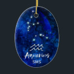 Aquarius Zodiac Constellation Blue Galaxy Monogram Ceramic Tree Decoration<br><div class="desc">Aquarius Zodiac Constellation Blue Galaxy Monogram Design. With trendy Brushed Script Font, Dark blue celestial watercolor background texture, Glowing star constellation, and The Water Bearer symbol. Modern Astrological Sign Birth Horoscope, is perfect for any Aquarian Birthday From January 20 - February 18 ! With Optional Monogrammed First Middle and Last...</div>